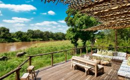 Narina Lion Sands lounge with a view of elephants by the river, Sabi Sands, South Africa