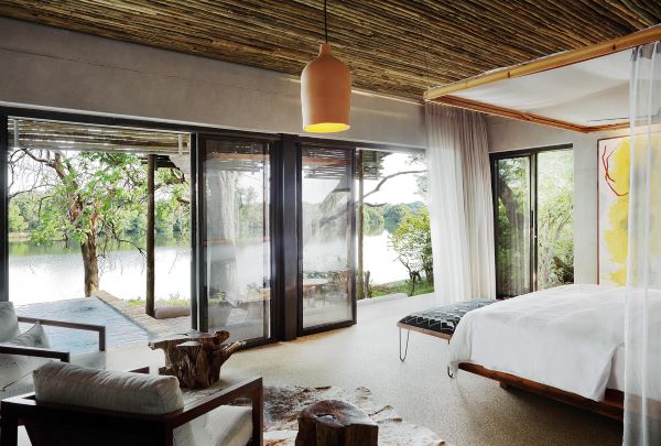 The luxury safari lodge room's at Matetsi's views onto the Zambezi