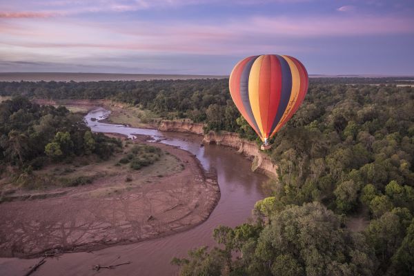 Hot air balloon flying over the Masai mara